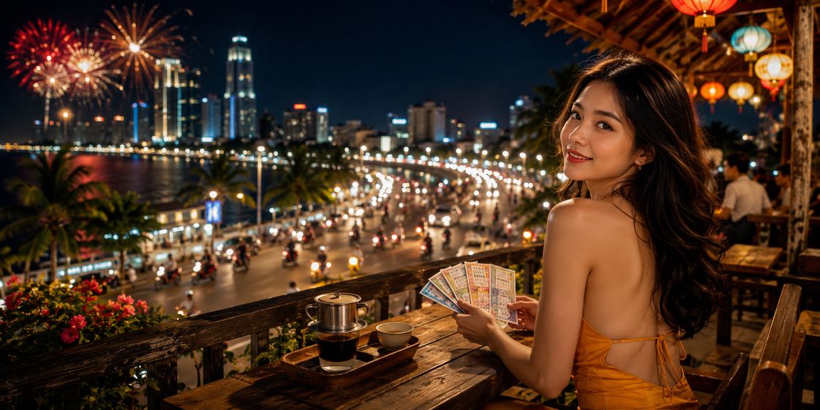 Người dùng tại TP. Hồ Chí Minh xem kết quả giải thưởng trên điện thoại bên ly cà phê