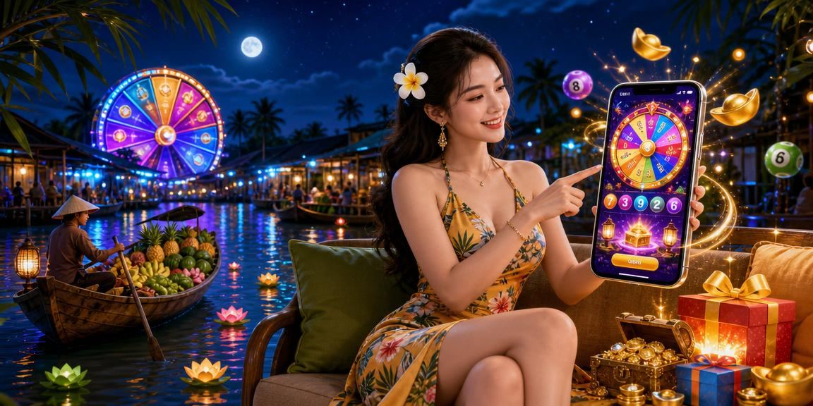 Người phụ nữ Việt Nam chơi Roulette trực tuyến trên điện thoại bên sông Mekong